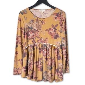 Perfect‎ Floral Tunic Top Women's Size Small Yellow Boho Long Sleeve
